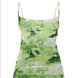 lime dragon print strappy ruched tie hem bodycon dress